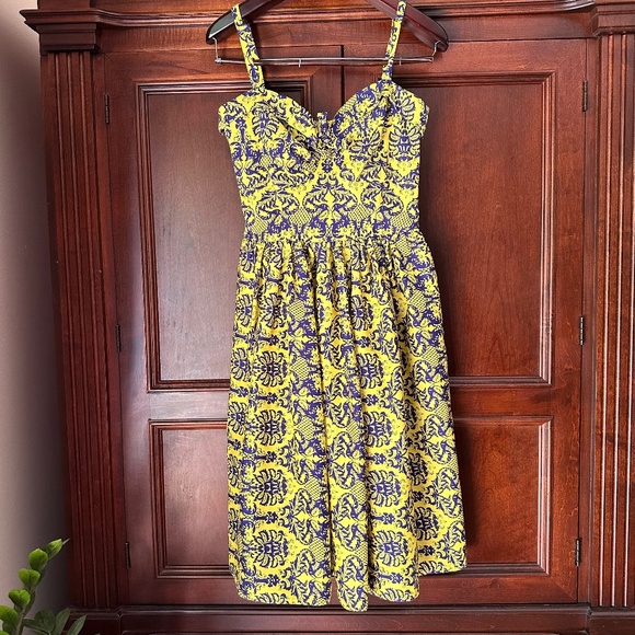 Unique Vintage Dresses & Skirts - UNIQUE VINTAGE Yellow Navy Damask Chateau Swing Dress 100%cotton